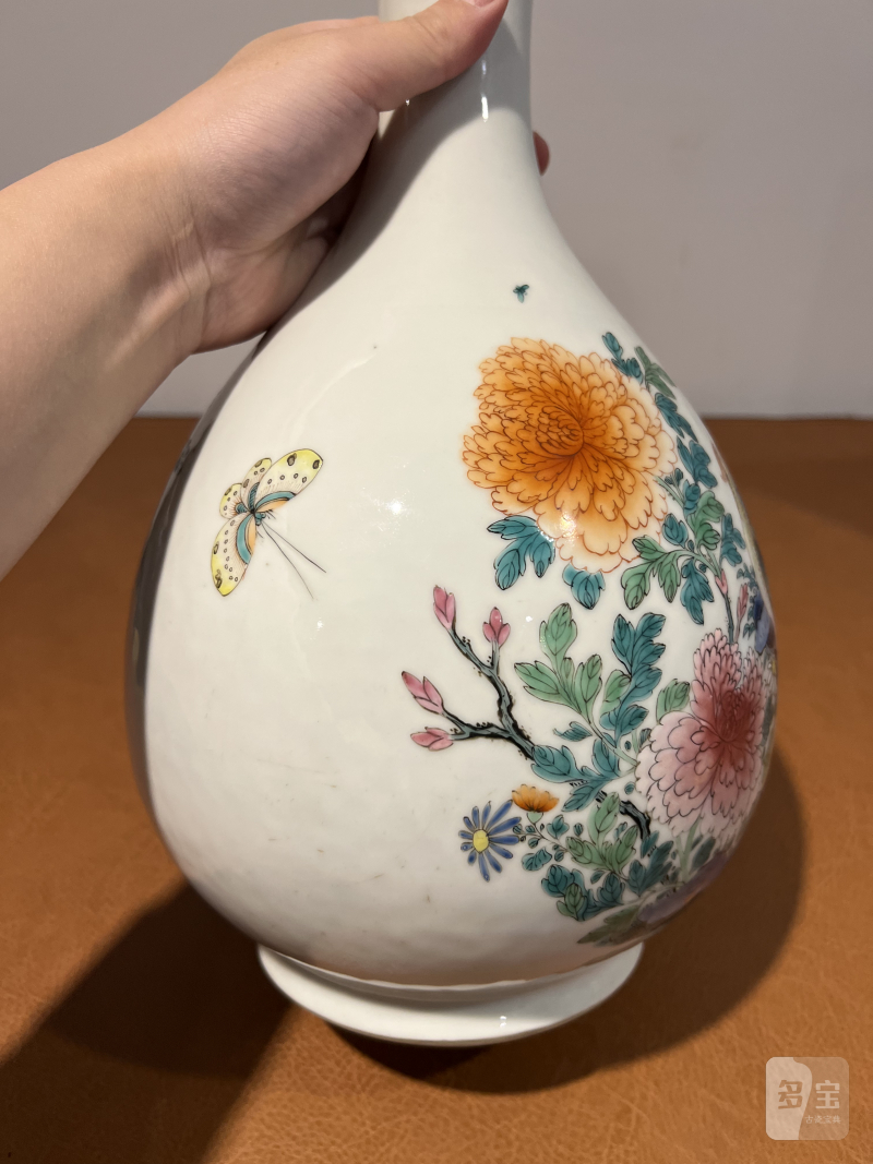 清雍正 粉彩花鸟纹蒜头瓶 - 图5